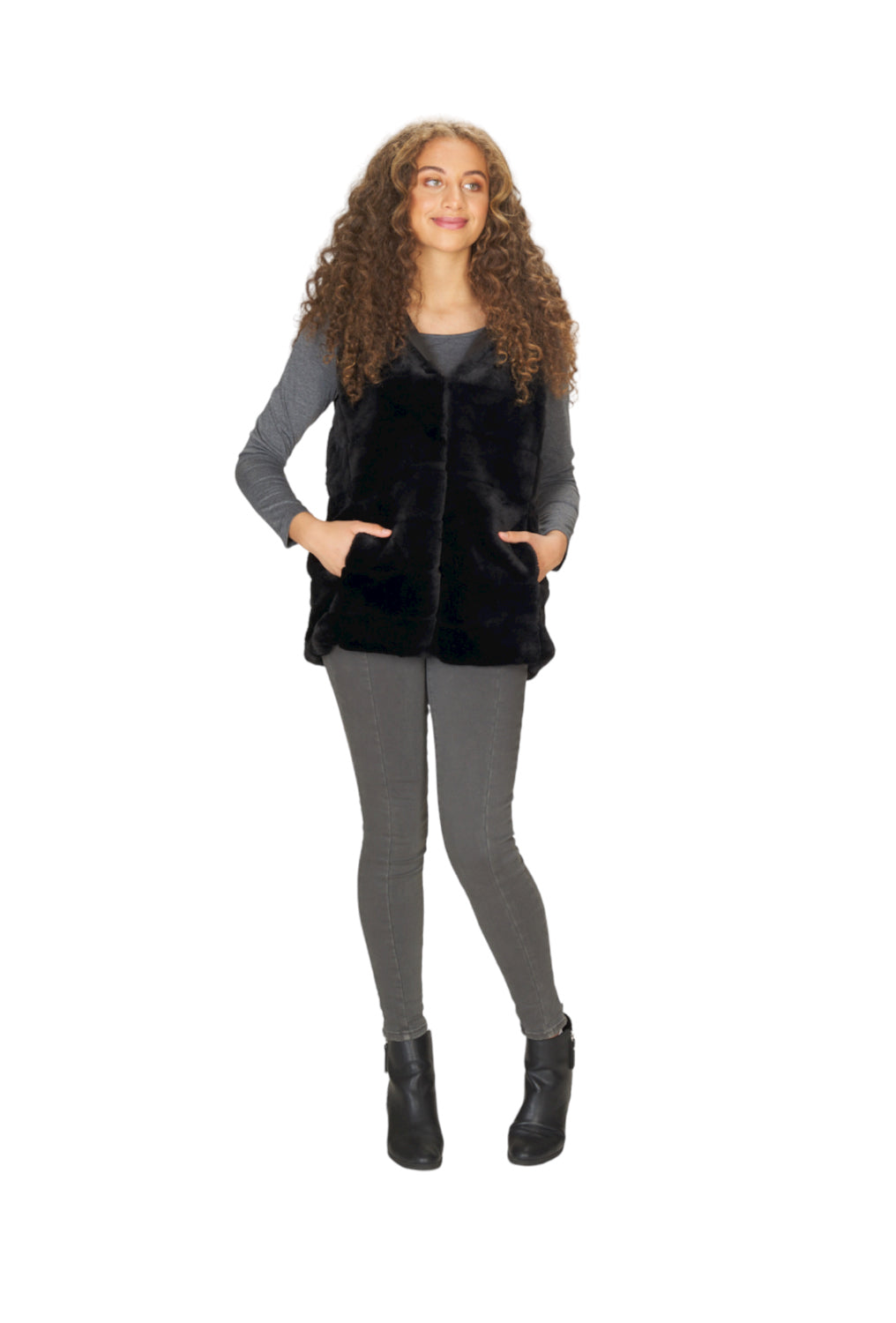 JT04708 BLACK Fur Vest with Hood