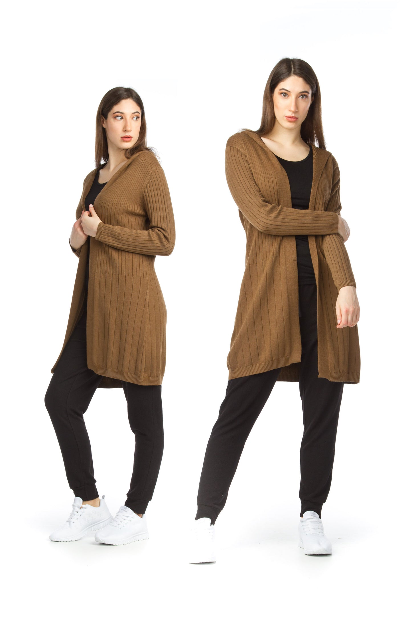JT11714 BROWN Ribbed Hooded Sweater Jacket