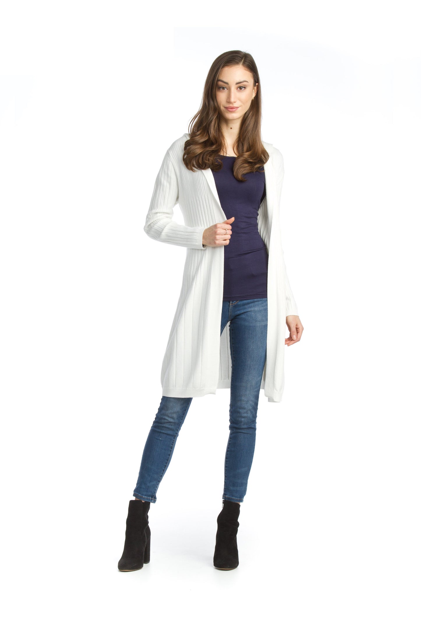 JT11714 WHITE Ribbed Hooded Sweater Jacket