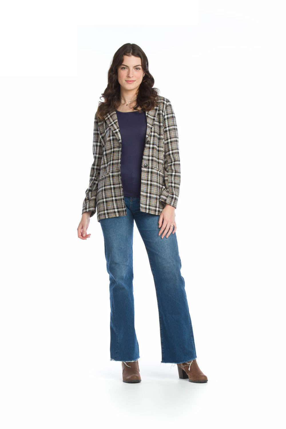 JT13707 BROWN Plaid Classic Blazer with Pockets