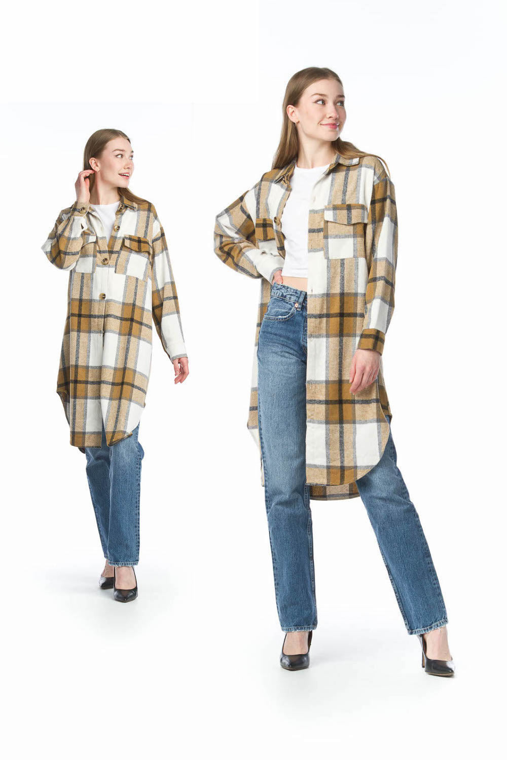 JT13717 BROWN Plaid Long Shacket