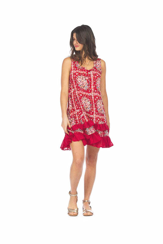 PD05507 RED floral Scarf Print Ruffle Dress