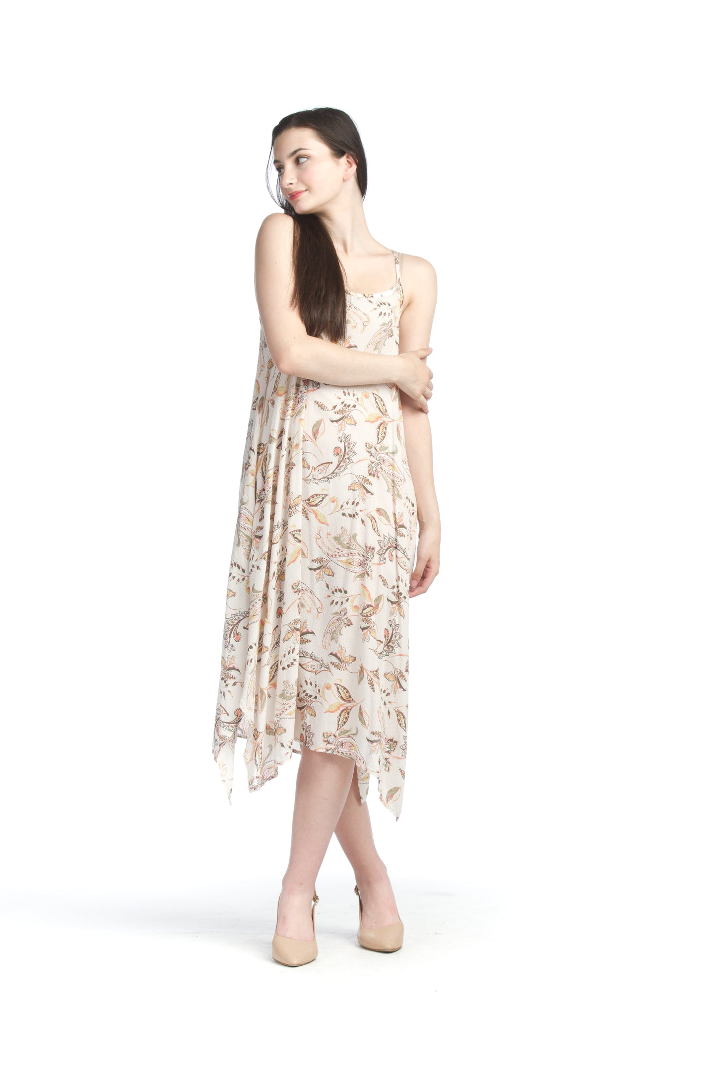 PD07537 CREAM Paisley Tuffted Slip Midi Dress w Pockets