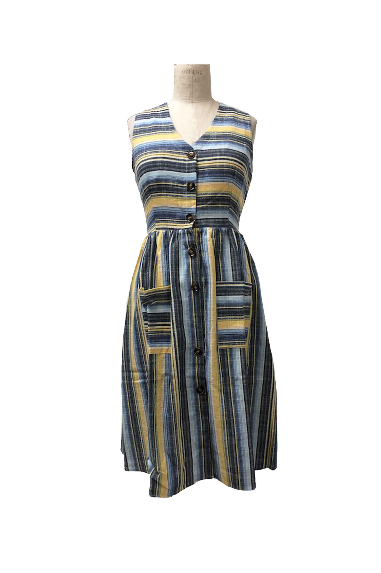 PD07558 YELLO Striped button Front Dress with Pockets