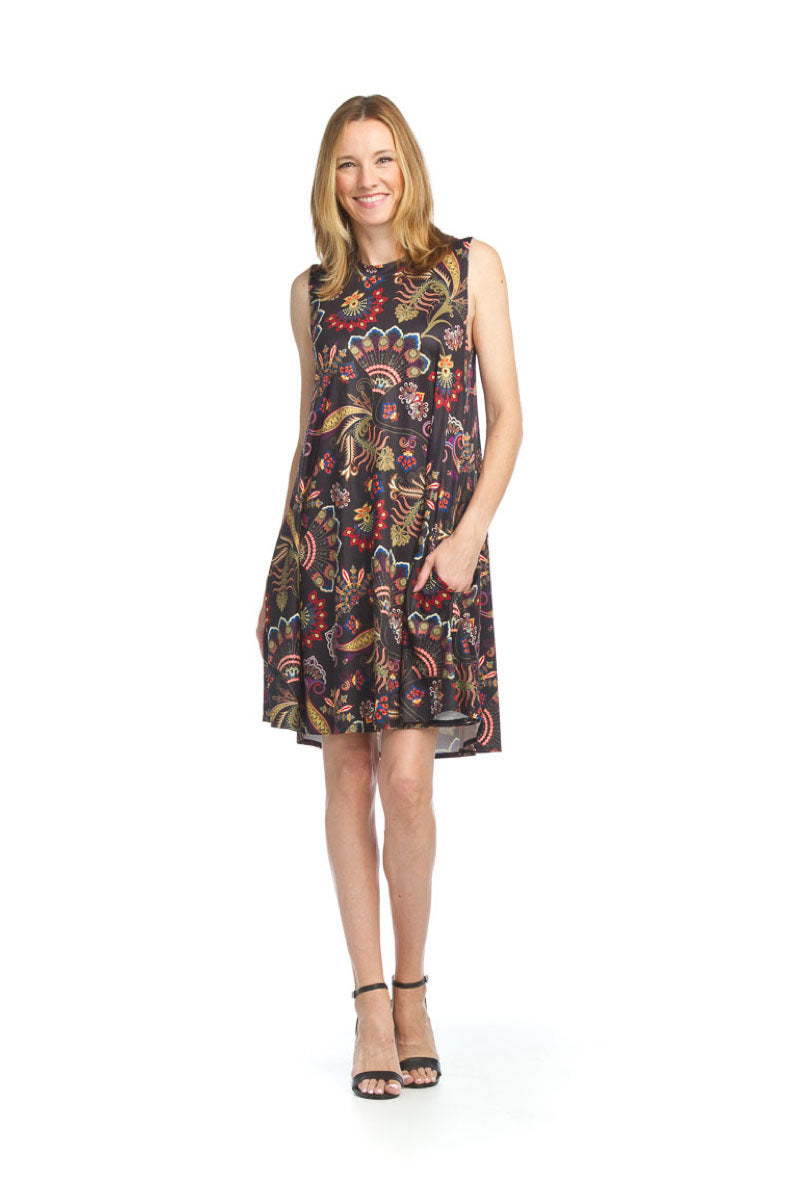 PD12554 BLACK Satin Look Paisley A-Line Dress with Pockets