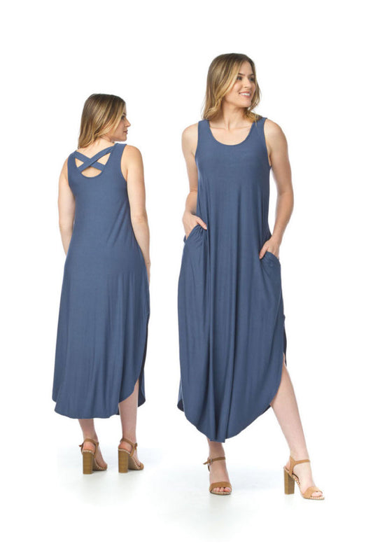 PD12663 NAVY Soft Stretchy Maxi Dress with Pockets
