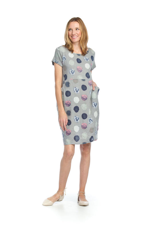 PD12697 GREY Spotted Dress with Stretch Rib Panel & Pockets