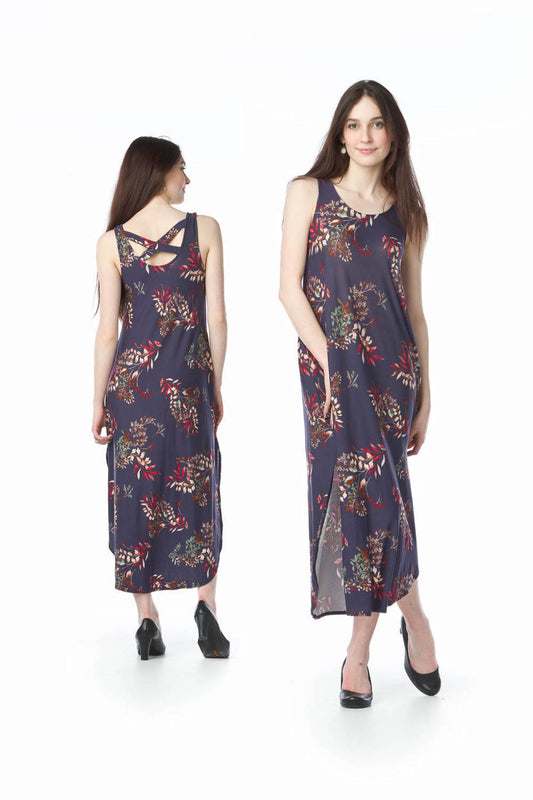 PD14513 NAVY Print Maxi Dress with Cross Back & Pockets
