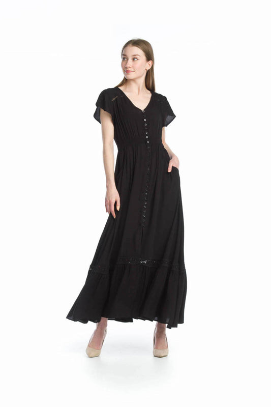 PD14514 BLACK Solid Lace Inset Maxi Dress with Pockets