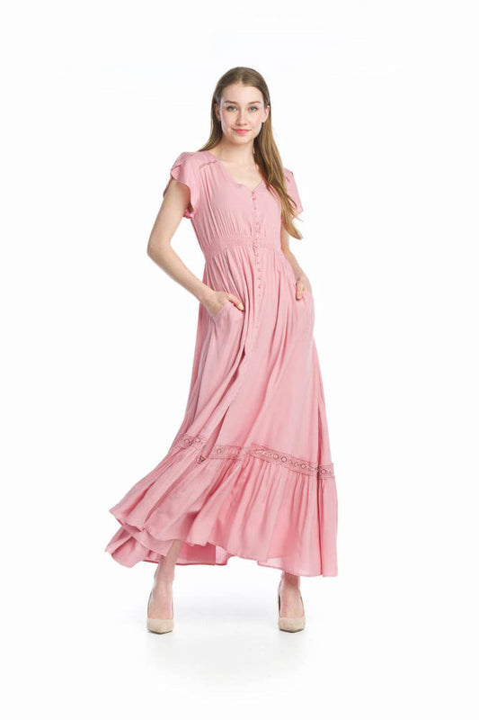 PD14514 BLUSH Solid Lace Inset Maxi Dress with Pockets