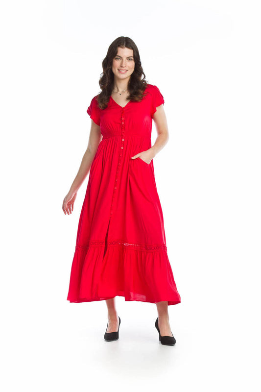 PD14514 RED Solid Lace Inset Maxi Dress with Pockets