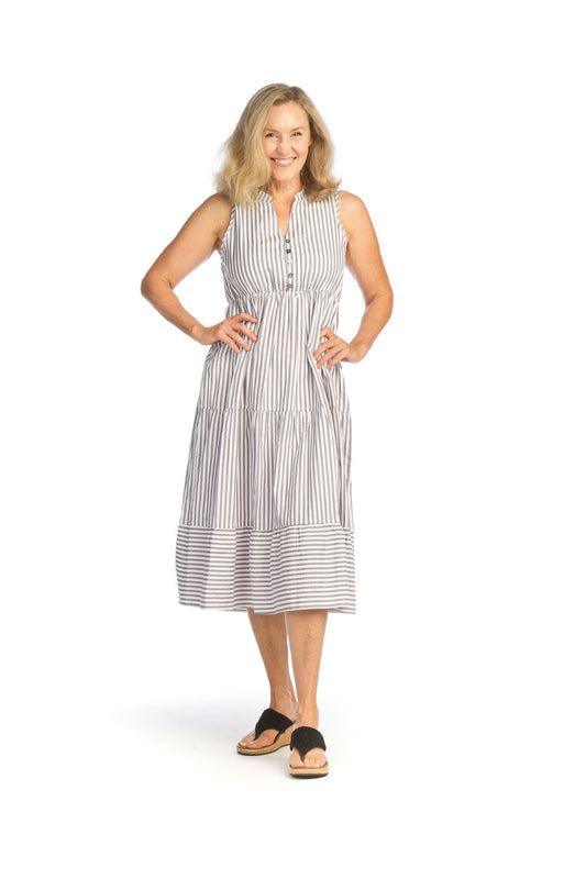 PD14526 WHTGR Striped Cotton Blend Midi Dress