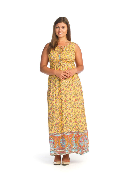 PD14611 YELLO Floral Border Print Swing Dress with Pockets