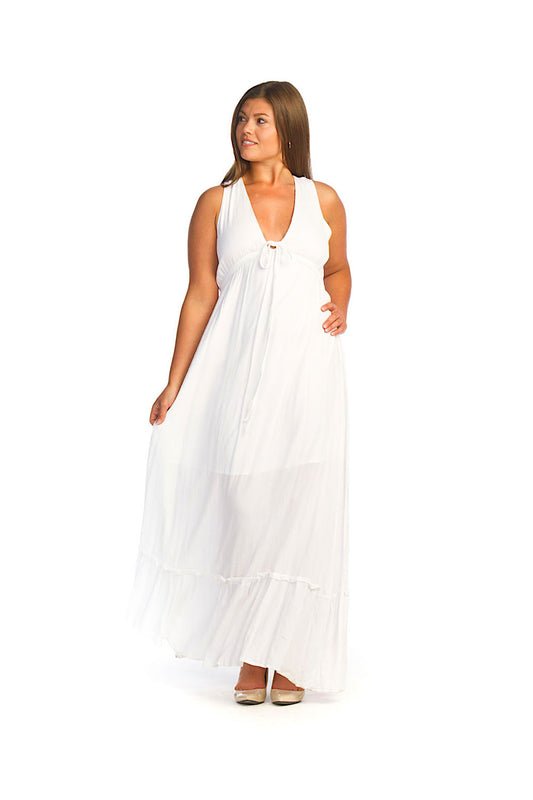 PD14697 WHITE Deep V Maxi Dress with Elastic Waist