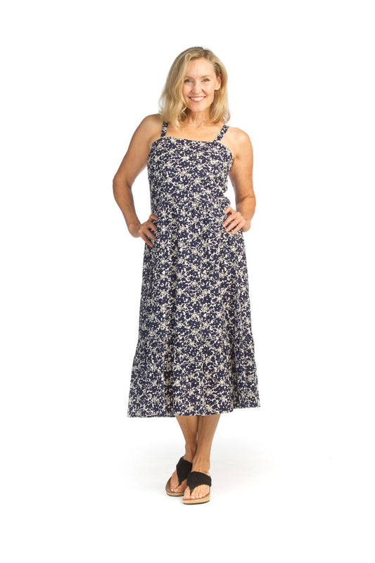 PD14717 NAVY Eyelet Floral Midi Dress with Adjustable Straps