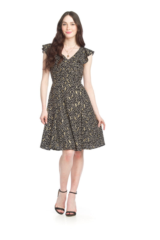 PD15503 BLACK Chip Print with Gold Pleated Top Dress with Belt