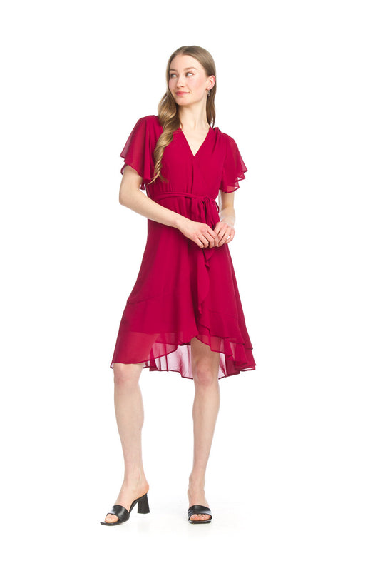 PD15520 RED Flutter Sleeve Wrap Look Dress