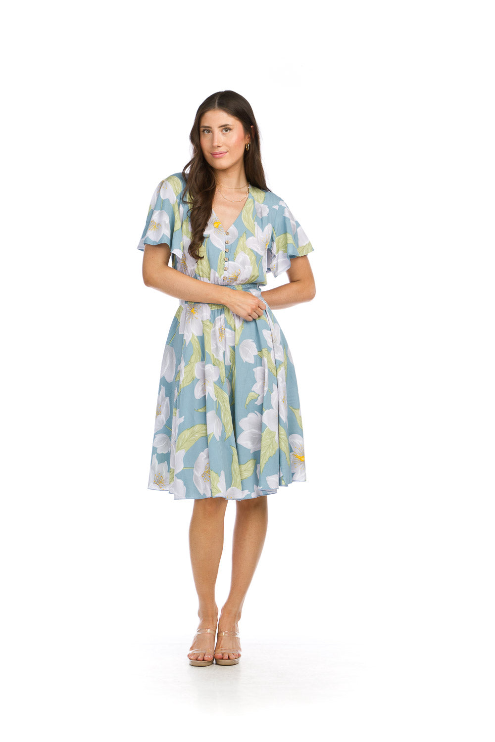 PD16502 SAGE Floral Short Sleeve Dress with Smocked Waist