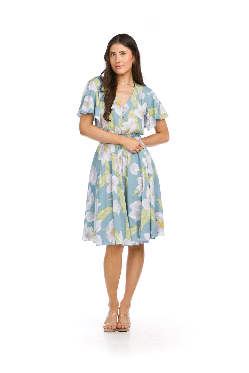 PD16502 SAGE Floral Short Sleeve Dress with Smocked Waist