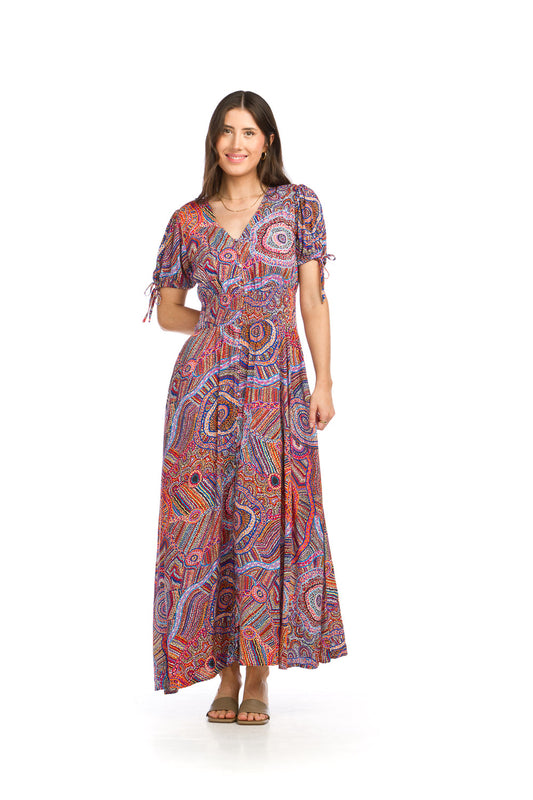 PD16512 BLUE Ditsy Geo Print Button Front Maxi w Smocking Waist