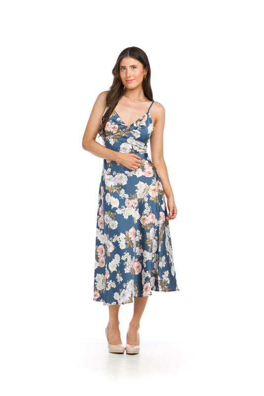 PD16551 BLUE Floral Knotted Satin Finish Dress