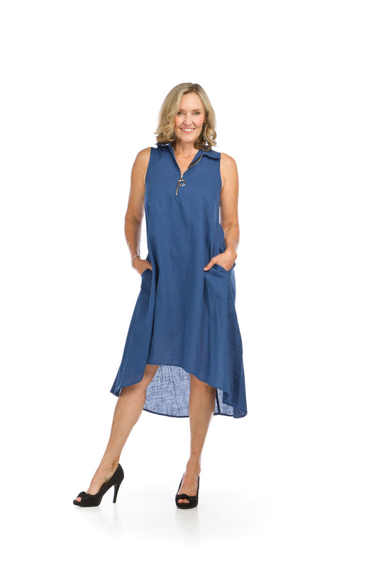 PD16553 INDIG Cotton A-Line Collared Dr w Zip Detail & Pockets