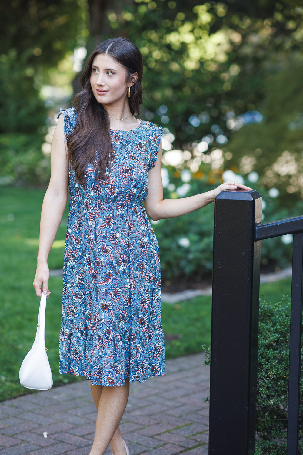 PD16563 GREY Floral Midi Dress w Smocked Waist & Ruffle Sleeves