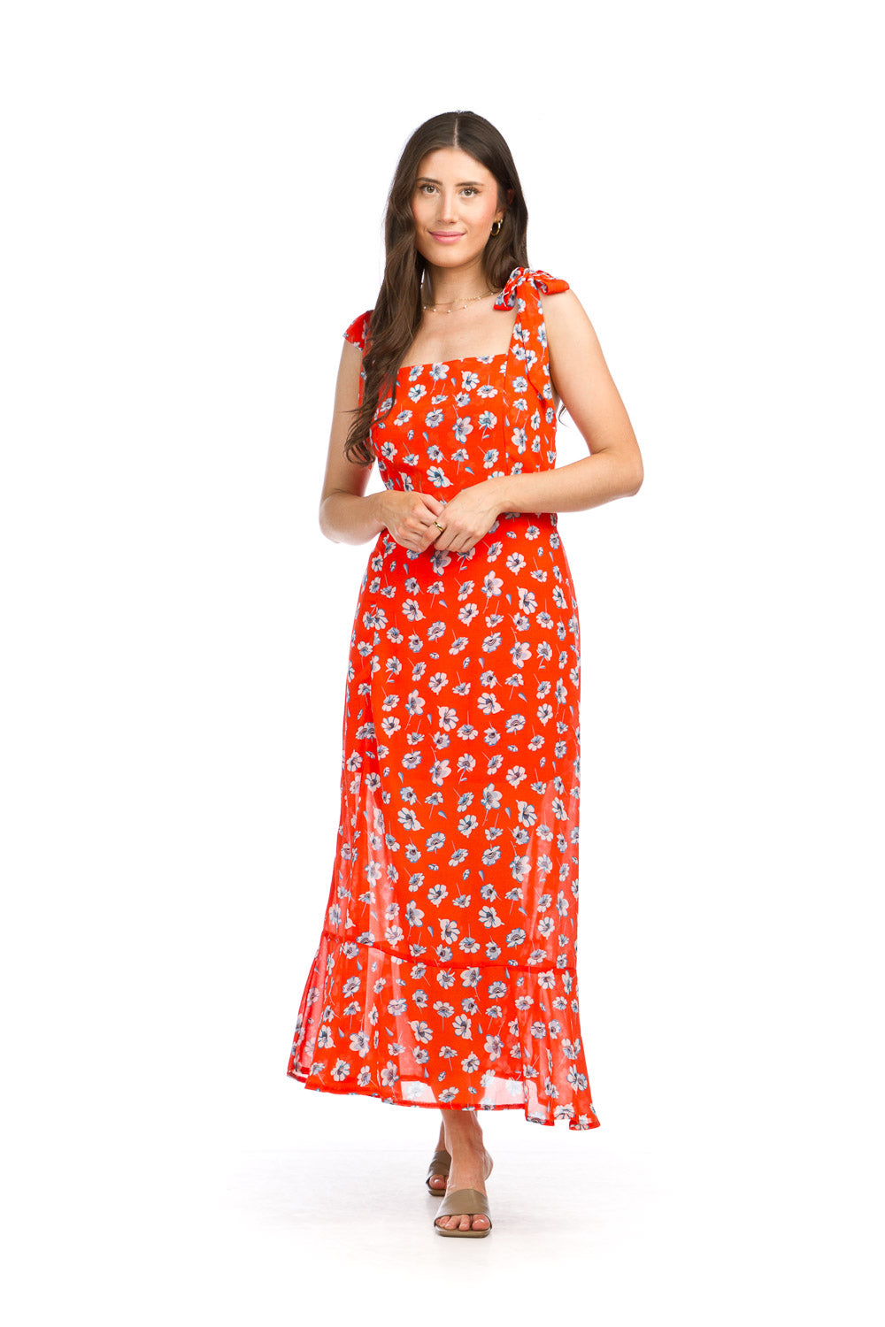 PD16567 ORANG Floral Square Neck Georgette Dress with Tie Belt
