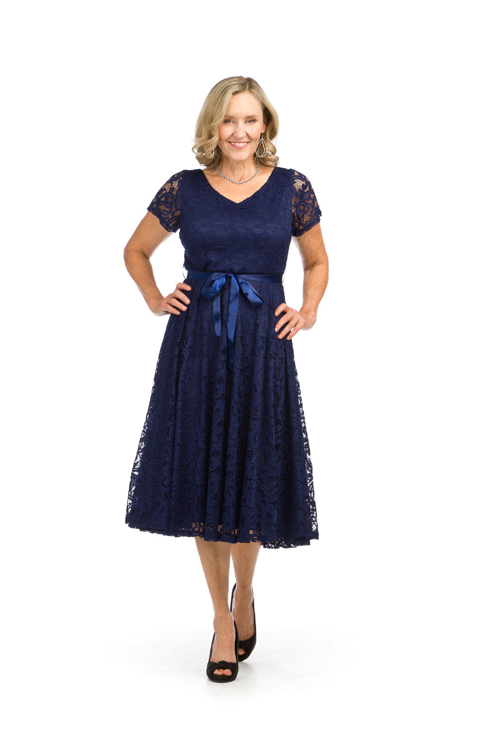 PD16582 NAVY Floral Lace Short Sleeve Midi Dress