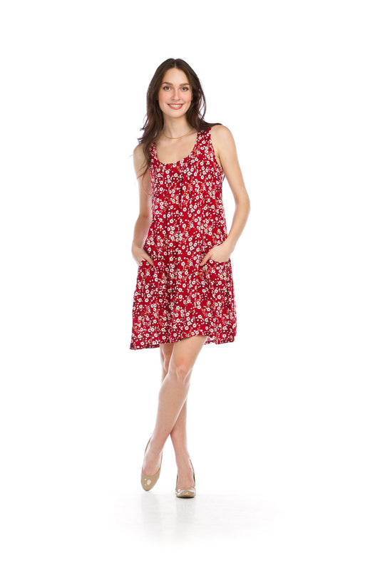 PD16590 RED Ditsy Florral Swing Dress with Pockets