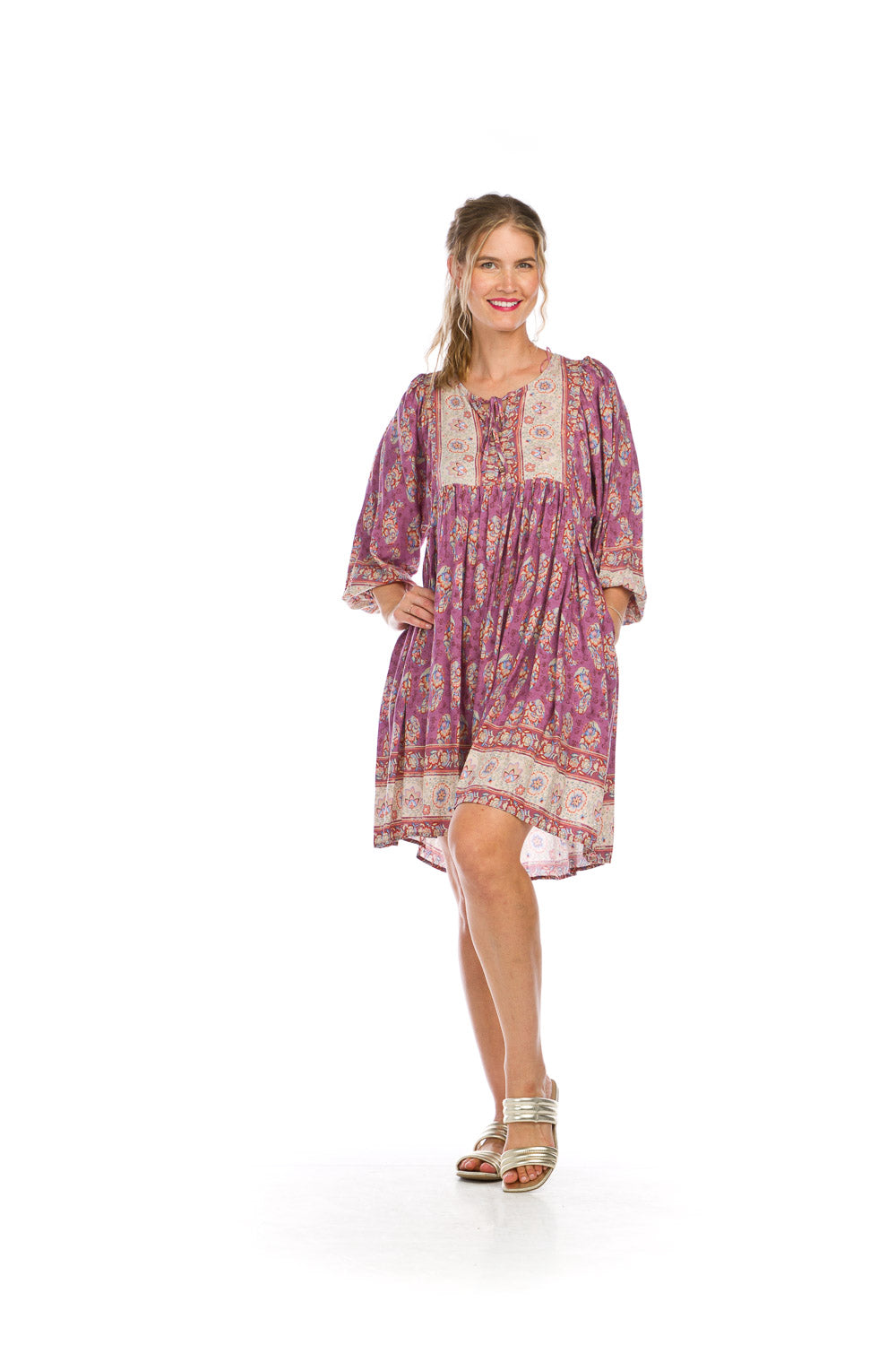 PD16593 PINK Floral Border Print Dress with Pockets
