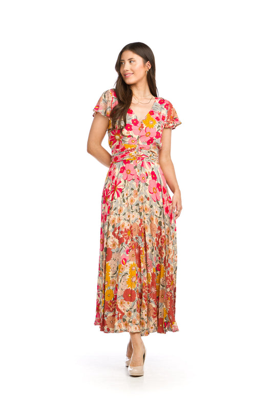 PD16596 MULTI Floral Maxi Dress with Pleated Waist & Pockets