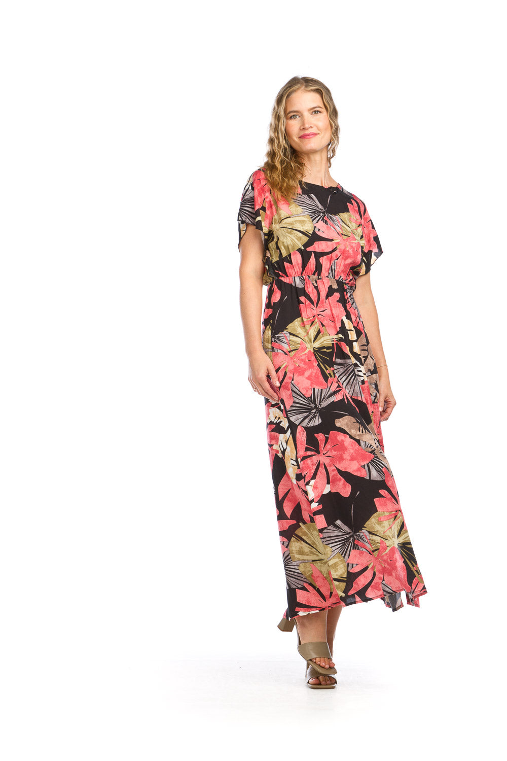 PD16598 RED Tropical Printed Short Sleeve Dr w Elastic Waist