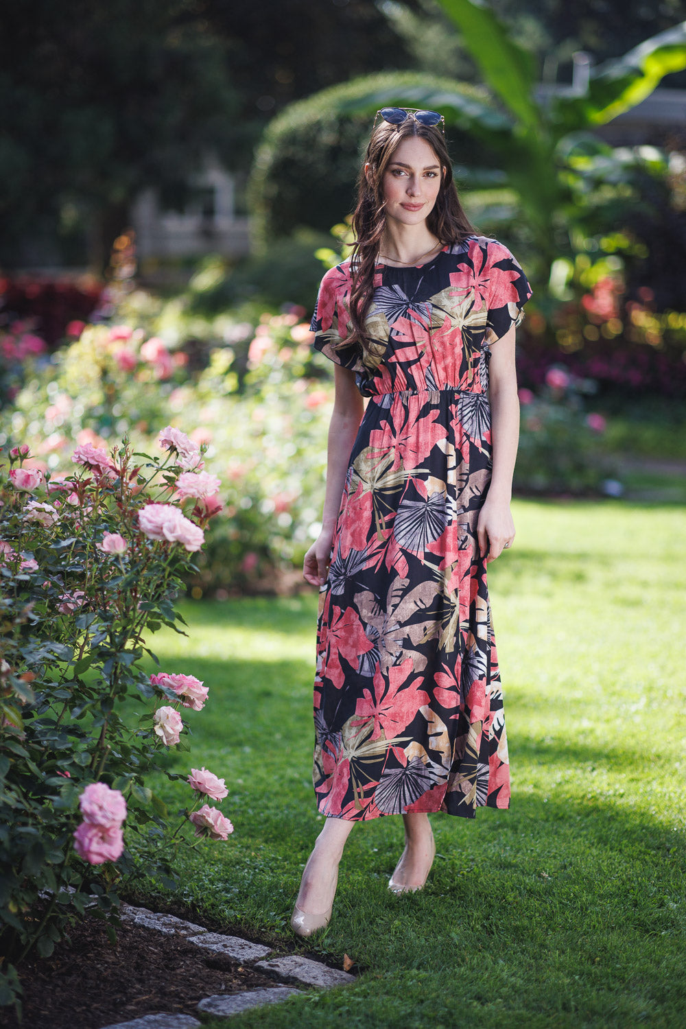PD16598 RED Tropical Printed Short Sleeve Dr w Elastic Waist