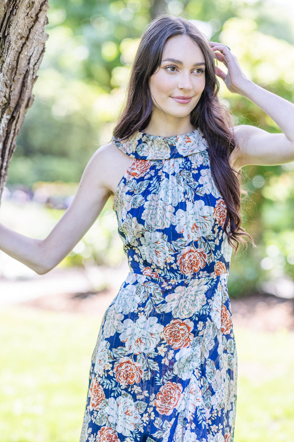 PD16599 NAVY Floral High Low Halter Dress with Lurex