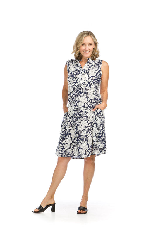 PD16628 NVYWH Floral Henley Swing Dress with Pockets