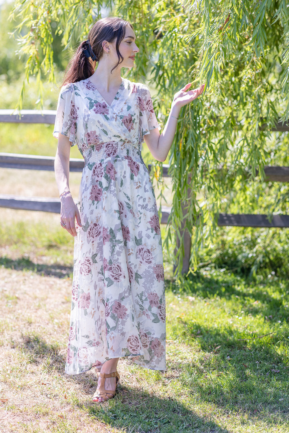 PD16635 WHITE Florl Short Sleeve Maxi Dress with Elastic Waist