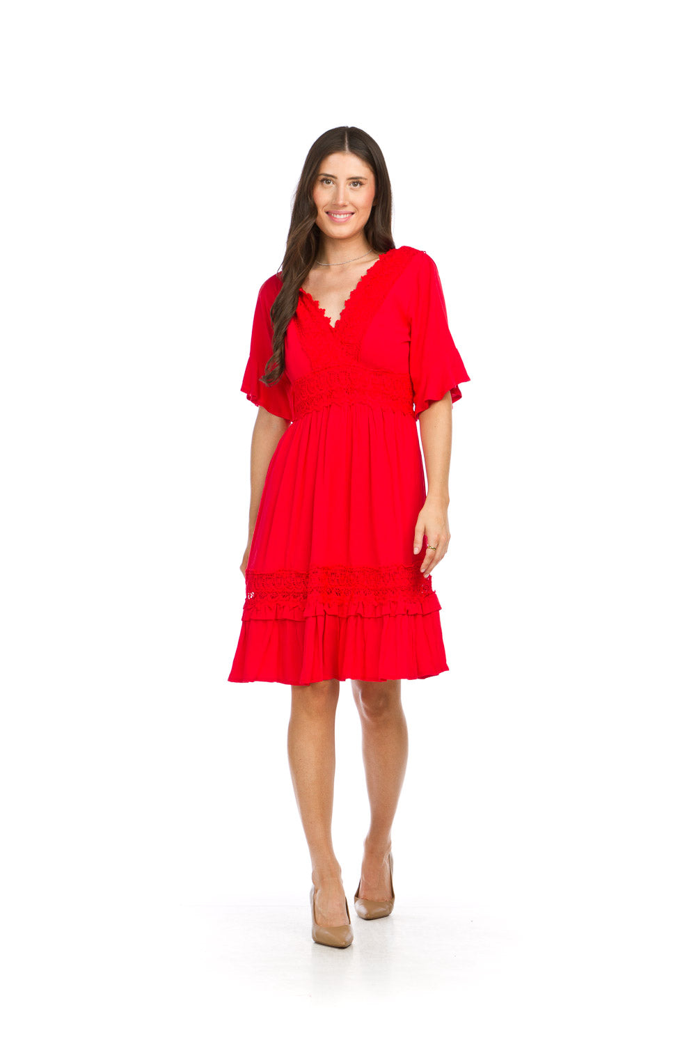 PD16644 RED Cotton Crinkle Lace Detail Dress