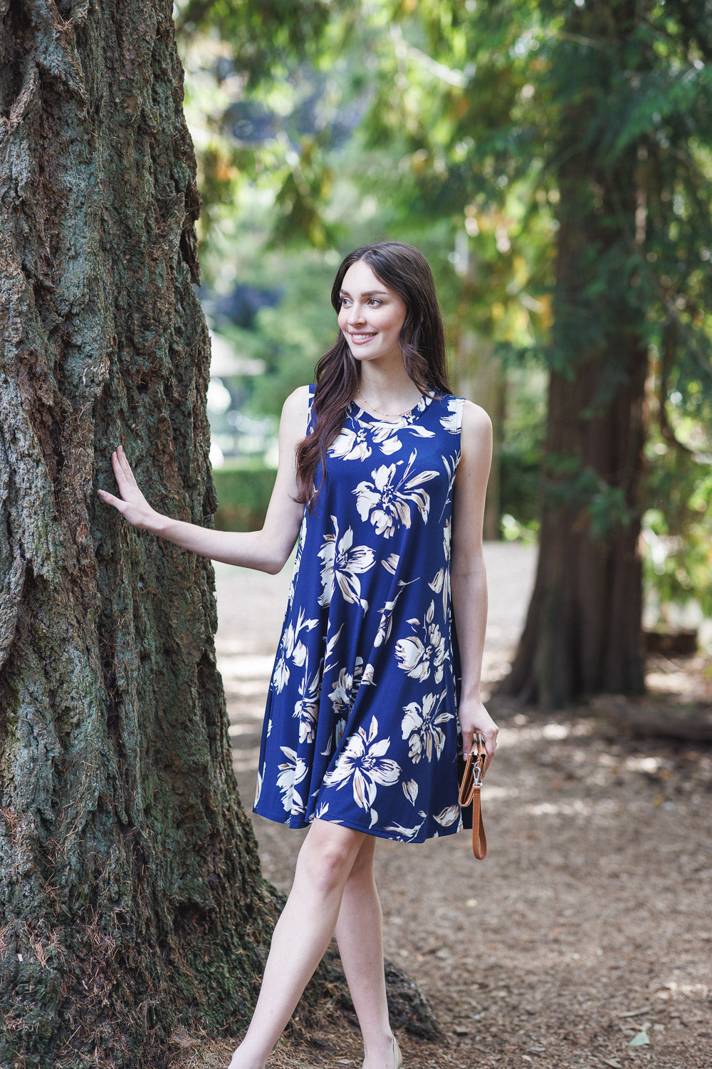 PD16656 NAVY Floral Stretch A-Line Dress with Pockets