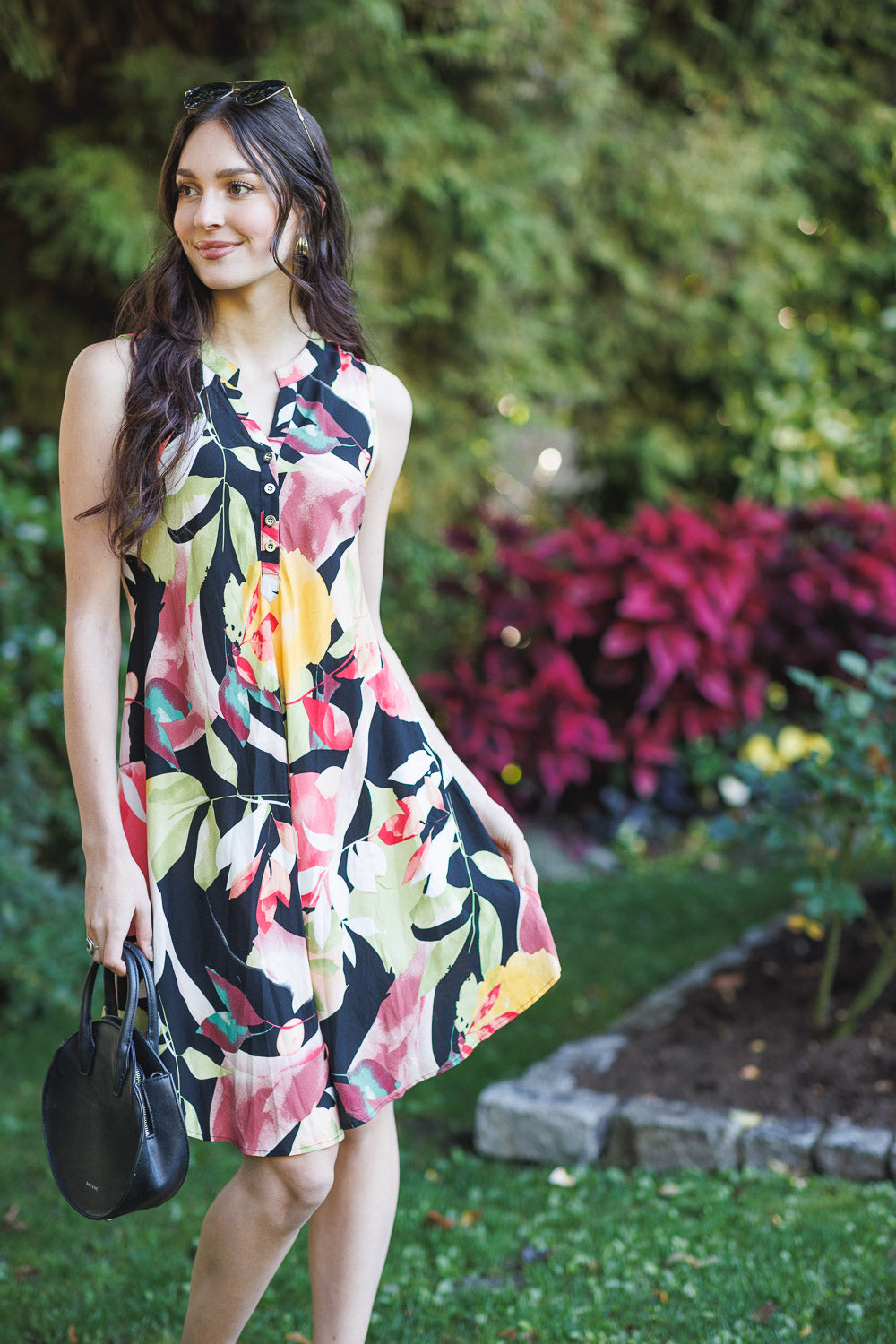 PD16678 BLACK Floral A-Line Henley Dress with Pockets