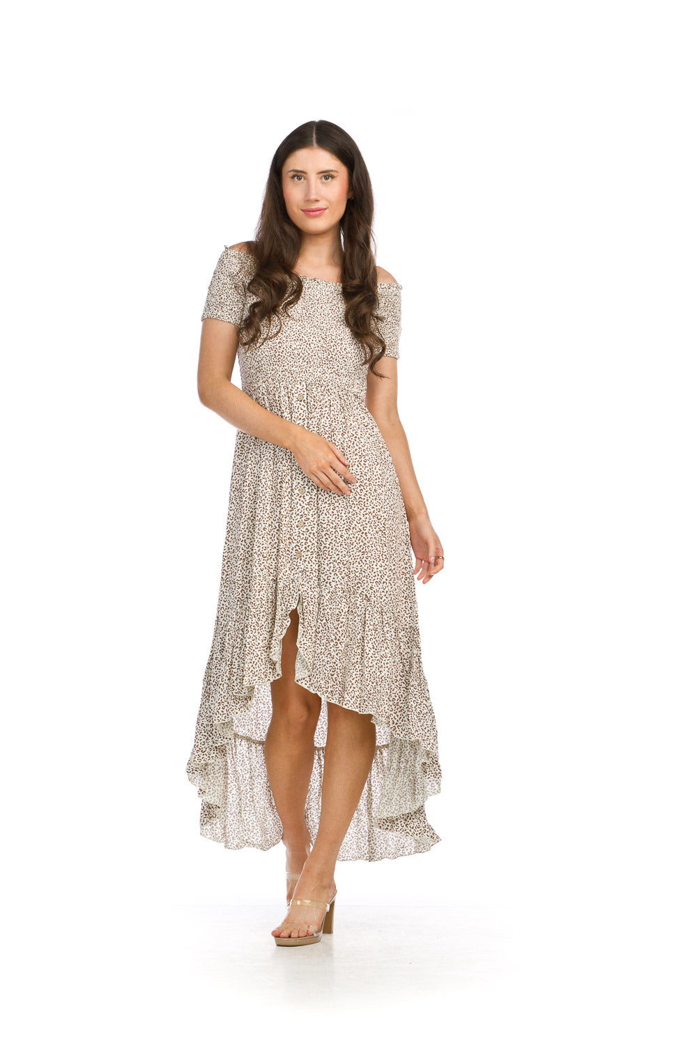 PD16680 BROWN Animal Print Smocked High Low Dress