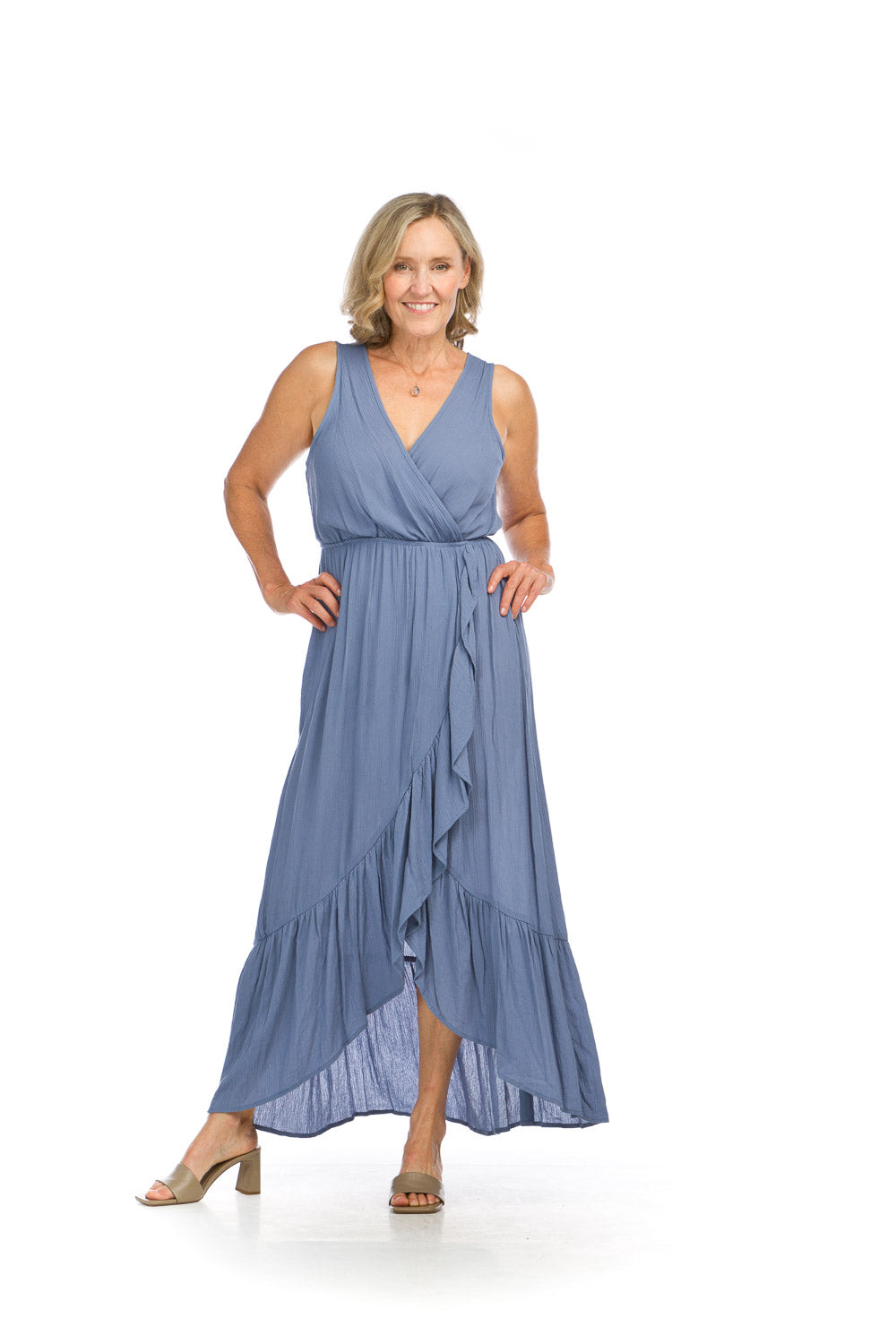 PD16690 DENIM Crinkle Ruffle Trim Maxi Dress