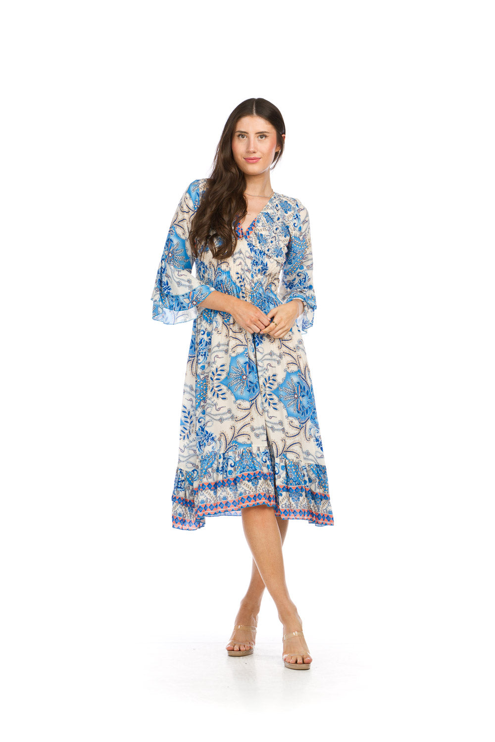 PD16692 BLUE Printed V Neck Midi Dress w Smocking & Ruffle Trim