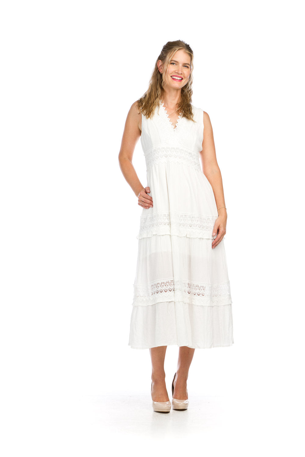 PD16712 WHITE V Neck Maxi Dress with Lace Inset