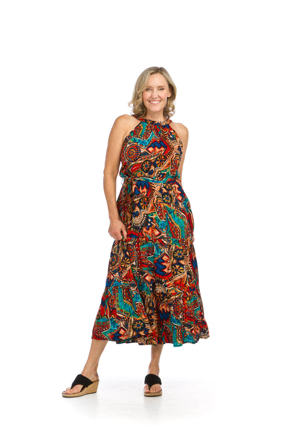 PD16716 MULTI Abstract Print Halter Neck Dress