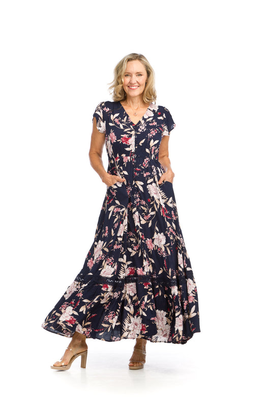 PD16719 NAVY Floral Short Sleeve Maxi Dress with Lace Inset