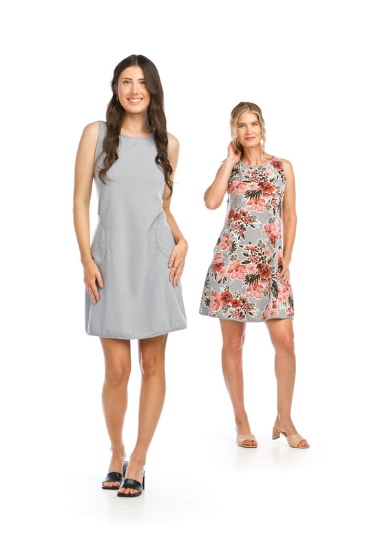 PD16723 GREY Floral Jersey Reversible Dress with Pockets