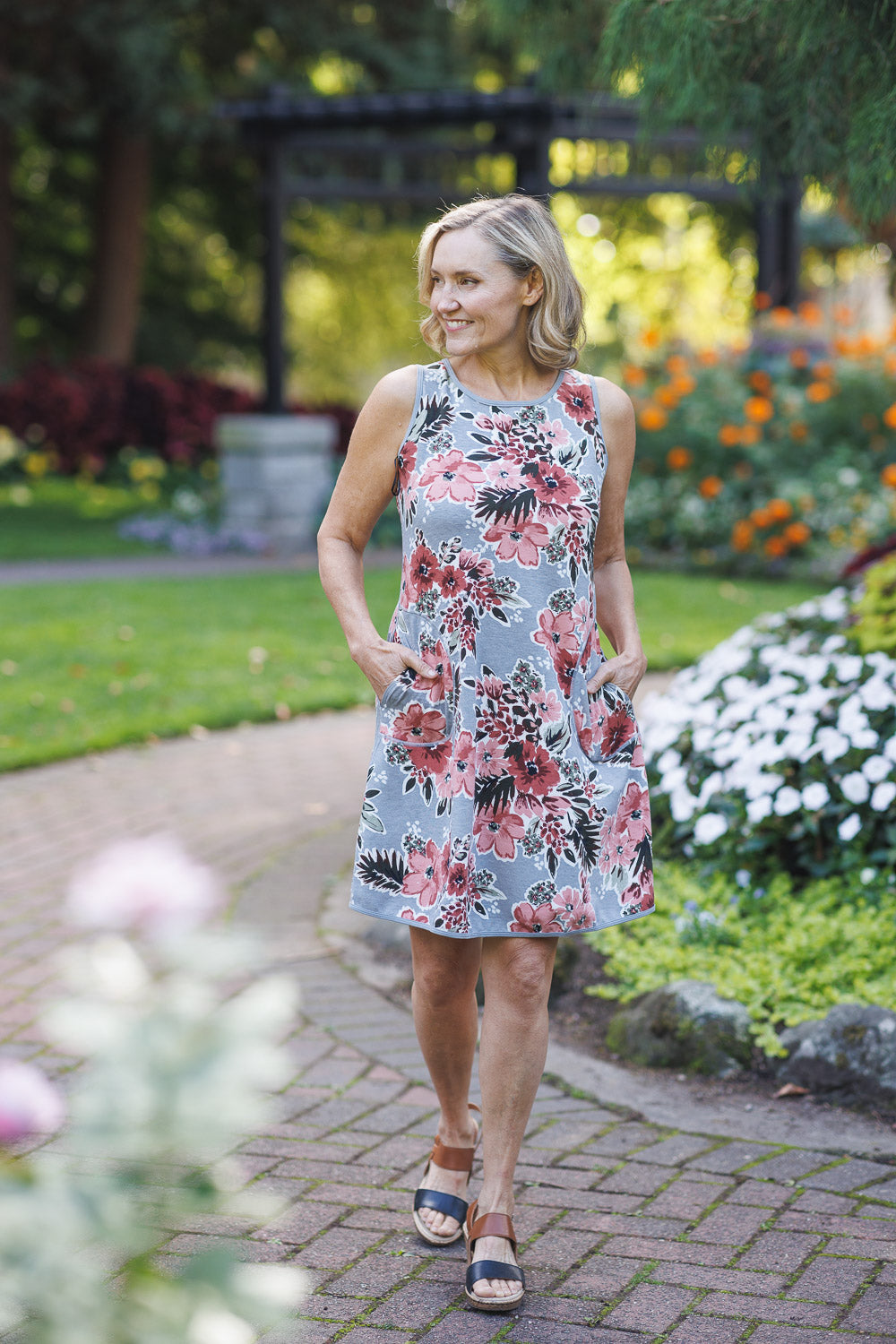 PD16723 GREY Floral Jersey Reversible Dress with Pockets