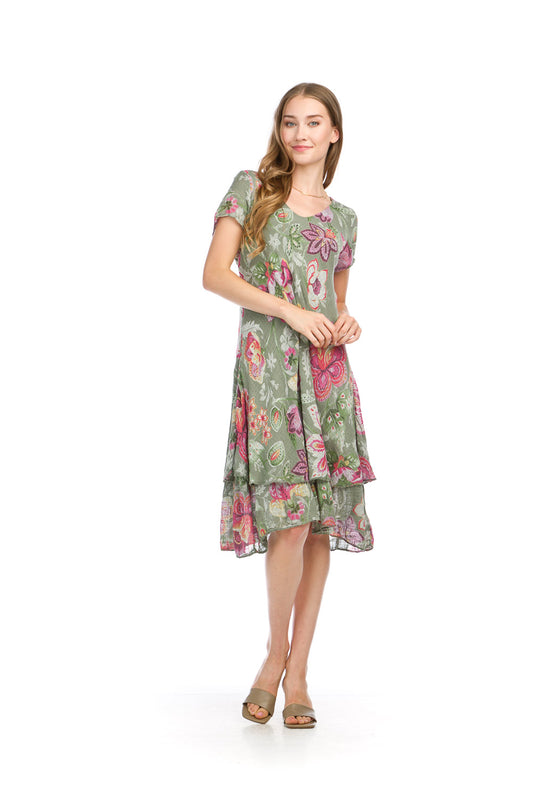 PD16729 GREEN Floral Bias Cut Crinkle Dress