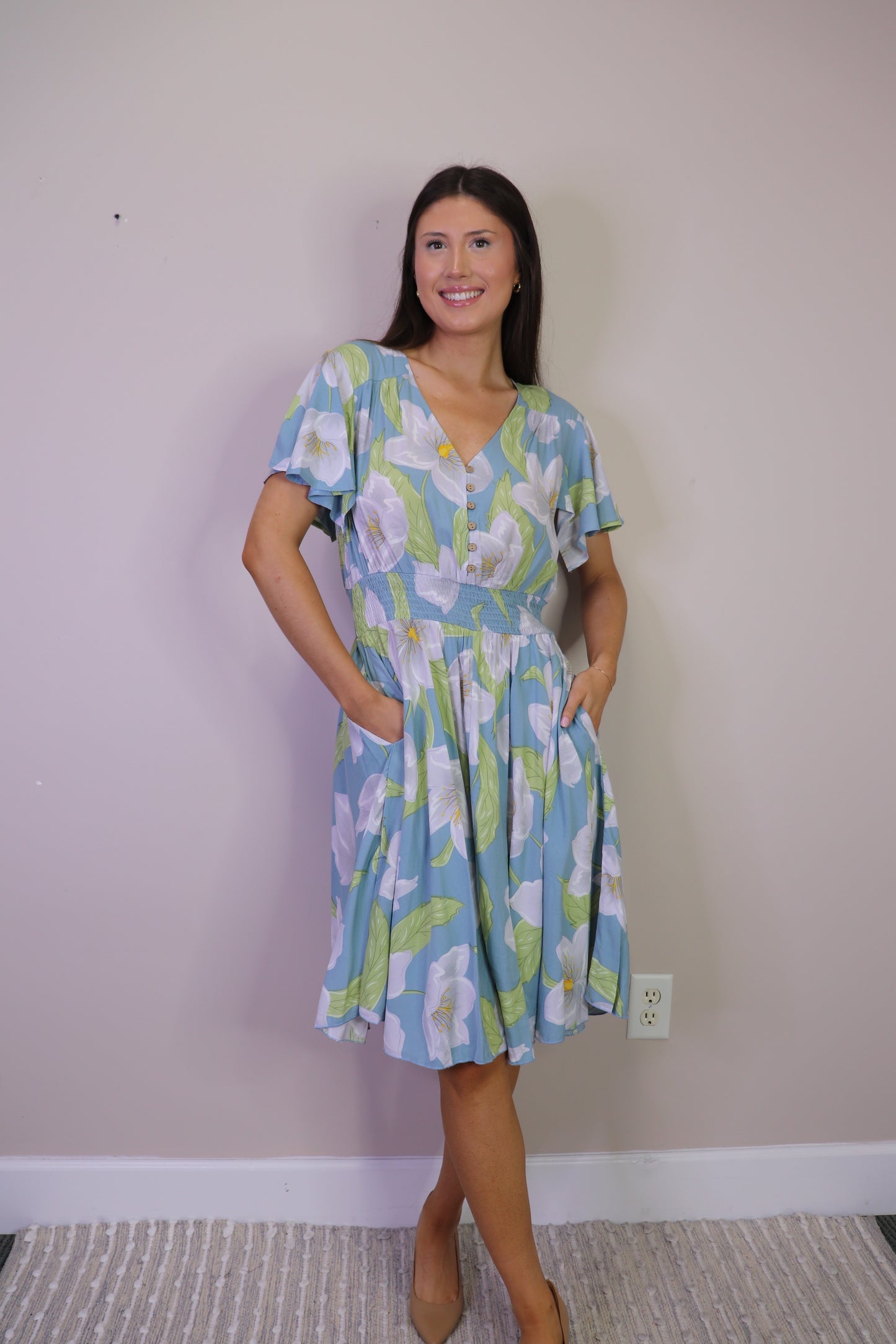 PD16502 SAGE Floral Short Sleeve Dress with Smocked Waist